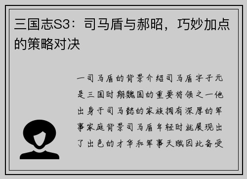 三国志S3：司马盾与郝昭，巧妙加点的策略对决