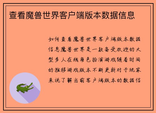 查看魔兽世界客户端版本数据信息