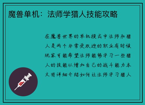 魔兽单机：法师学猎人技能攻略