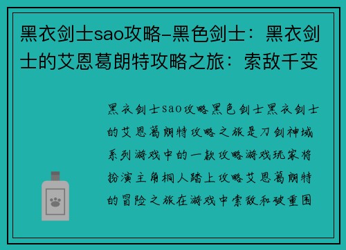 黑衣剑士sao攻略-黑色剑士：黑衣剑士的艾恩葛朗特攻略之旅：索敌千变，破重围
